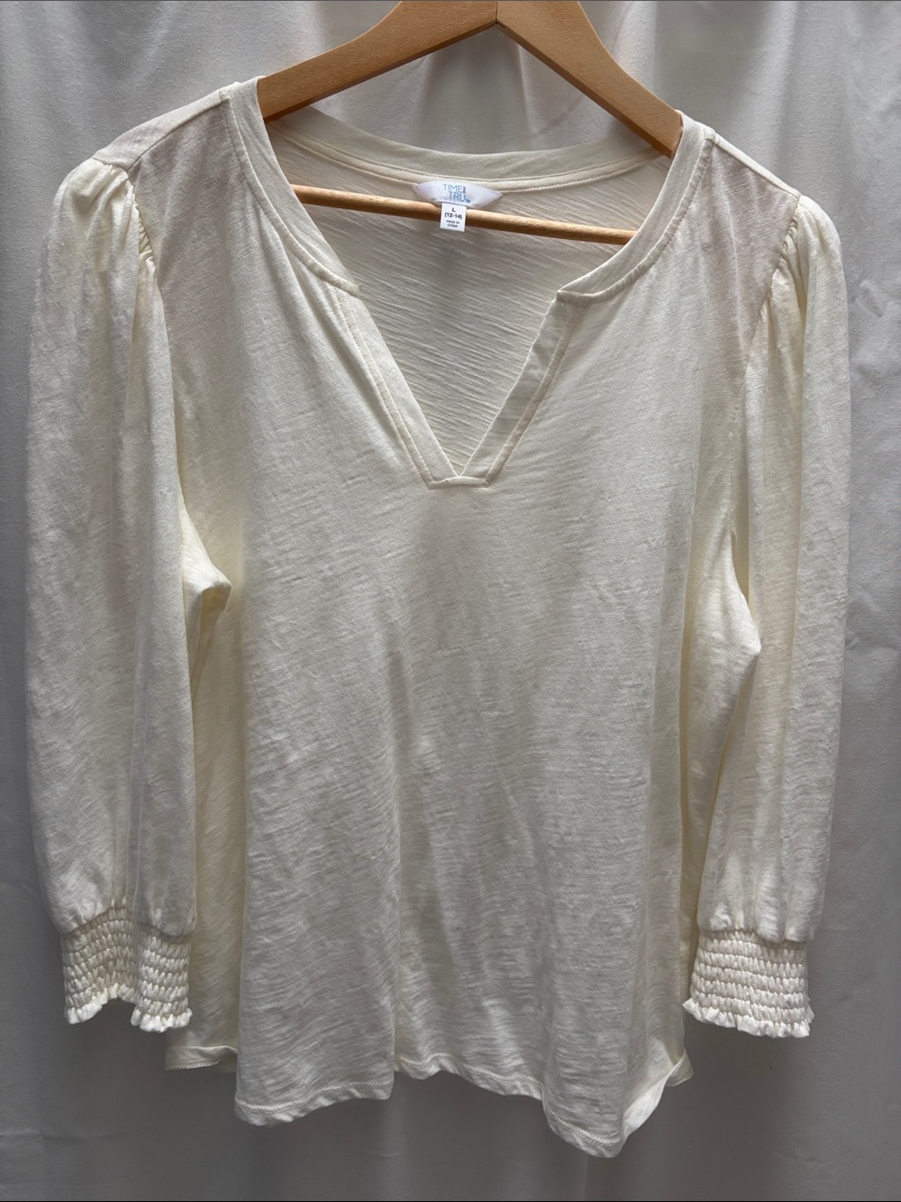 TimeCream V-Neck Smocked Cuff 3/4 sleeve 100% cotton Women's Top